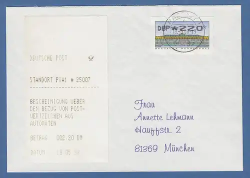 Deutschland ATM Mi-Nr. 2.2.1 Wert 220 mit AQ vom PIA-Standort Rastatt auf Brief 