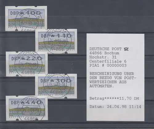 Deutschland ATM Mi-Nr. 2.2.2 METTLER-TOLEDO Satz 5 Werte mit ET-O Bochum