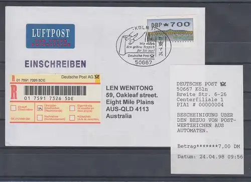 ATM Mi-Nr. 2.2.2 METTLER-TOLEDO Wert 700 mit AQ auf FDC Köln 24.4.98