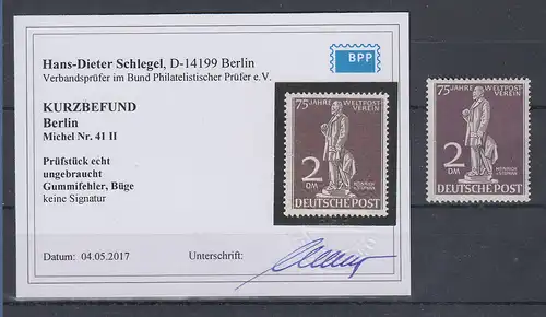 Berlin 1949 UPU Stephan 2 Mark mit PLF II Einbuchtung Denkmalsockel * gepr. BPP