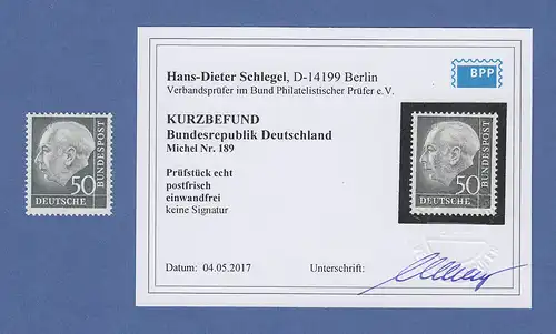 Bundesrepublik Heuss 50 Pfg-Wert Mi.-Nr. 189 postfrisch ** gepr. Schlegel