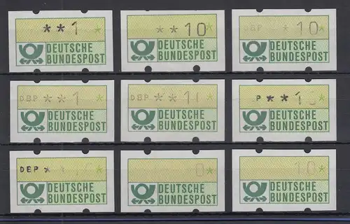 Deutschland ATM Mi.-Nr. 1.1 Abarten-Lot 9 verschiedene TEILDRUCKE 