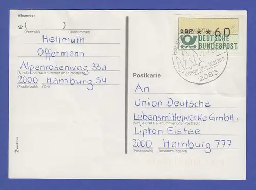 Deutschland ATM Mi.-Nr. 1.1 mit nach unten verschobenem Druck auf Postkarte 1988