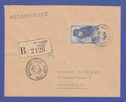Frankreich Georges Guynemer Mi.-Nr. 474 als EF auf R-Brief ins Saarland, 1953