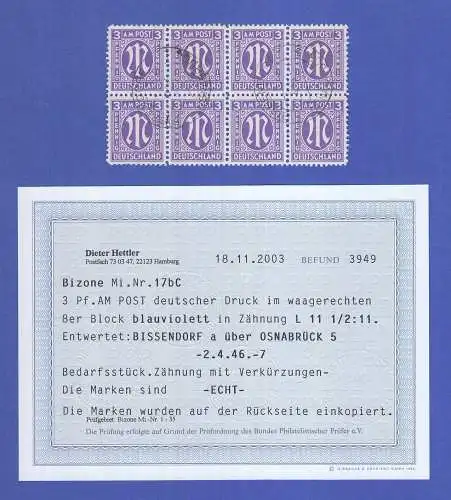 Bizone AM-Post 3 Pfg Mi.-Nr. 17b C gute Farbe / Zähnung  8er-Block O Befund BPP