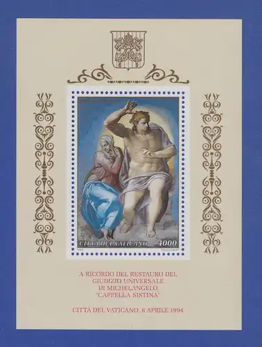 Vatikan Blockausgabe 1994 Mi.-Nr. Block 14 ** Sixtinische Kapelle Michelangelo