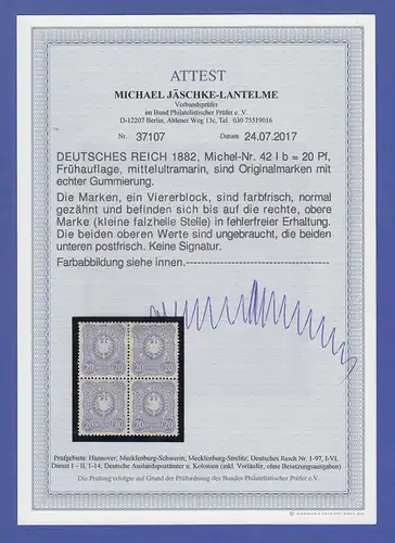Deutsches Reich 20 Pfennig Frühauflage, Mi.-Nr. 42 I b Viererblock */**  Attest 