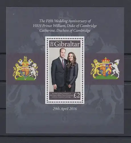 Gibraltar 2016 Mi.-Nr. Block 125  5 Jahre Ehe Prinz William Catherine Middleton