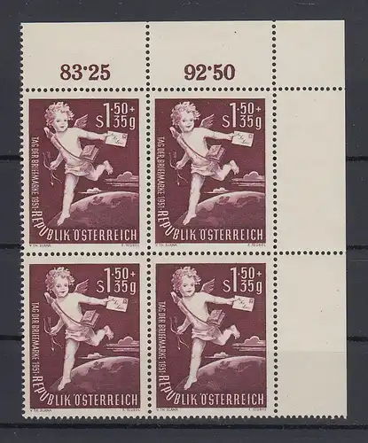 Österreich 1952 Tag der Briefmarke Mi.-Nr. 972 Eckrand-Viererblock **