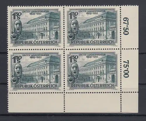 Österreich 1953 Landestheater in Linz  Mi.-Nr. 988 Eckrand-Viererblock **