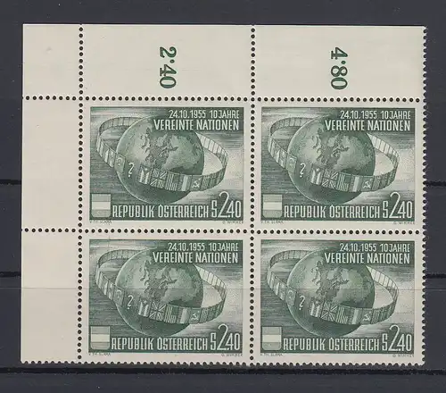 Österreich 1955 Vereinte Nationen UNO  Mi.-Nr. 1022 Eckrand-Viererblock **