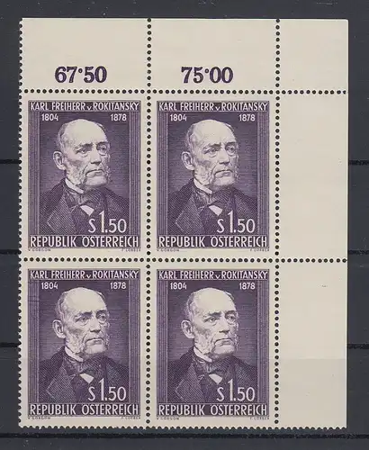Österreich 1954 Karl Freiherr von Rokitansky Mi.-Nr. 997 Eckrand-Viererblock **
