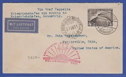 Dt. Reich Polarfahrt 4 RM-Wert Mi.-Nr. 458 auf Polarfahrt-Brief gel. in die USA