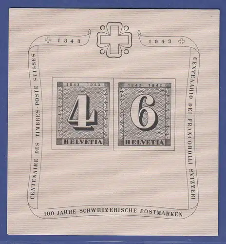 Schweiz 1943 Blockausgabe 100 Jahre Briefmarken Zürich 4 und 6 Mi-Nr. Block 8 **