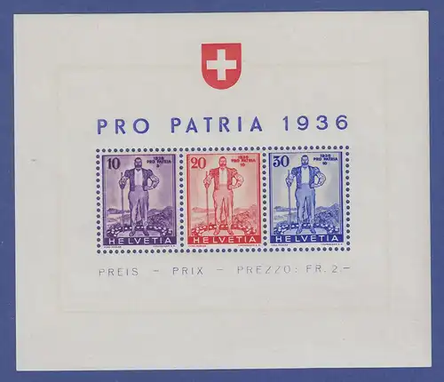 Schweiz 1936 PRO PATRIA ,  Mi.-Nr. Block 2, einwandfrei postfrisch **