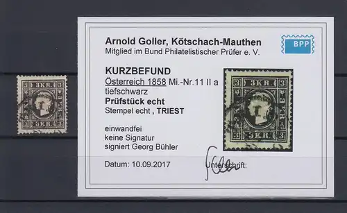 Österreich Franz Joseph 3Kr. schwarz Mi.-Nr. 11 II a  O TRIEST, mit KB Goller