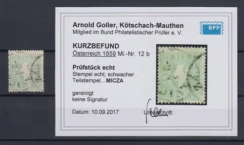 Österreich Franz Joseph 3Kr. grün Mi.-Nr. 12 b mit O ...MICZA, gepr.