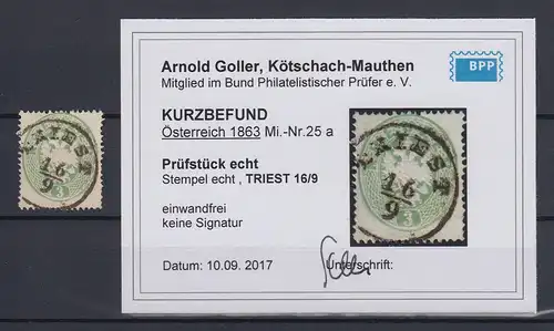Österreich Wappen 1863 Ks14 3 Kr. grün Mi.-Nr. 25a O TRIEST, KB Goller BPP