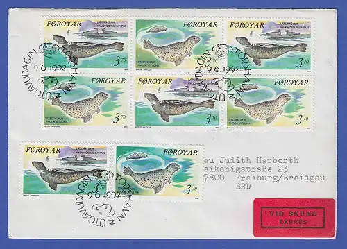 Dänemark-Färöer 1992 Mi.-Nr. 235-36 Seehunde mehrfach aus HBL auf gel. Eil-FDC 