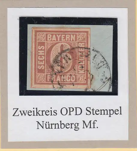 Bayern 6 Kreuzer braun TYPE I  Mi.-Nr. 4I auf Briefstück mit Orts-O NÜRNBERG