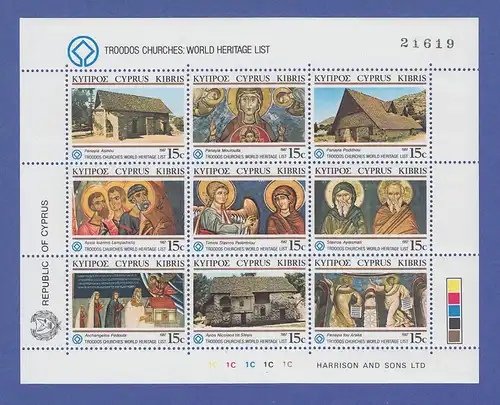 Zypern 1987 Weltkulturerbe Kirchen auf Zypern Kleinbogen Mi.-Nr. 672-80 ** 