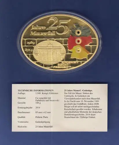 Ovale Gigant-Medaille 100g 25 Jahre Mauerfall vergoldet, mit Kristallen veredelt