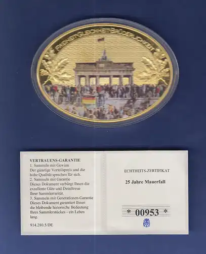 Ovale Gigant-Medaille 100g 25 Jahre Mauerfall vergoldet, mit Kristallen veredelt