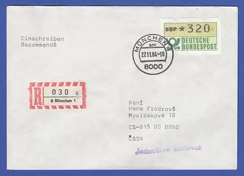 ATM 1.1 Wert 320 Pfg auf Auslands-R-Brief  ET SCHWZD-Standort MÜNCHEN 27.11.84
