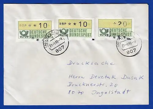 2 ATM 1.1 mit doppeltem / mehrfachem Wertaufdruck auf Drucksache Ingolstadt 1989