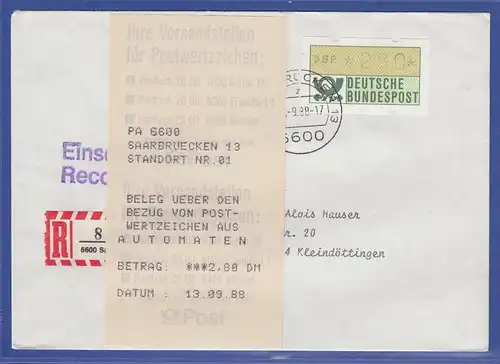 ATM 1.1 Wert 280 aus MWZD Saarbrücken mit AQ rückseitig bedruckt auf R-Bf. 1988