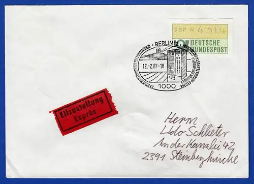 ATM 1.1 Wert 430 auf Eil-Brief mit Sonder-O BERLIN 12.2.87. Berlin-Vorläufer