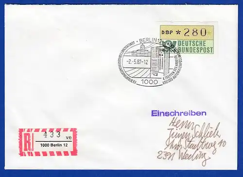 ATM 1.1 Wert 280 auf R-Brief mit Sonder-O BERLIN 2.5.87. Berlin-Vorläufer R#433