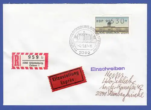 ATM Berlin Wert 630 Pfg auf R-Eil-Brief vom Ersttag 4.5.87 , O Glücksburg