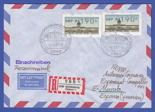 ATM Berlin 2x Wert 190 Pfg auf R-Brief nach Spanien, Ersttag 4.5.87 O Glücksburg