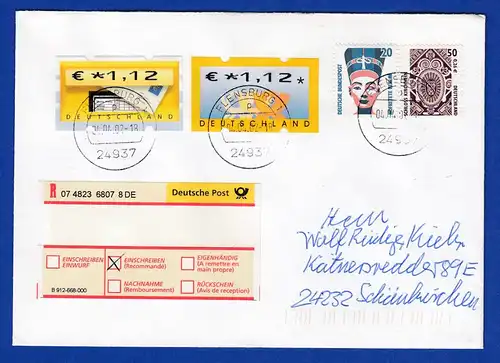 ATM 5.1 Wert 1,12 € in MIF auf R-Brief aus Flensburg, Ersttag 4.4.2002, FDC 