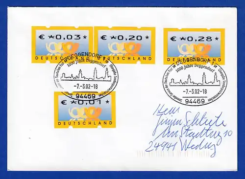ATM 4.1 Restwerte 3, 20, 28 Cent auf Brief mit Sonder-O Deggendorf, 7.3.2002