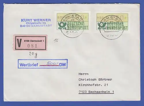 ATM 1.1 Wert 180 2x als MEF auf Wertbrief vom Standort DARMSTADT 1,  19.6.82
