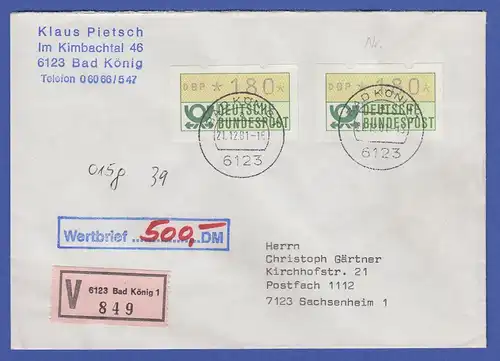 ATM 1.1 Werte 180 2x als MEF auf Wertbrief, O Bad König 21.12.81