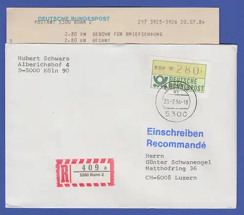 ATM 1.1 Wert 280 vom STS Bonn mit Terminal-Quittung auf R-Bf  vom 20.7.84