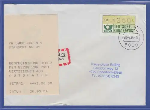 ATM 1.1 Wert 280 aus MWZD Köln 1 mit AQ auf R-Brief  vom 26.3.84