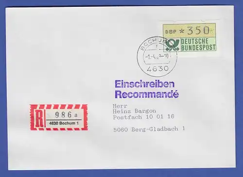 ATM 1.1 Wert 350 aus SCHWZD BOCHUM 1 als EF auf R-Brief, 1.4.89