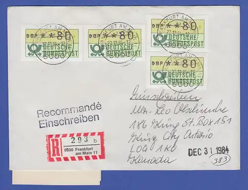 ATM 1.1 4x Wert 80 mit AQ aus MWZD Frankfurt 11 auf Auslands-R-Brief, 27.12.84