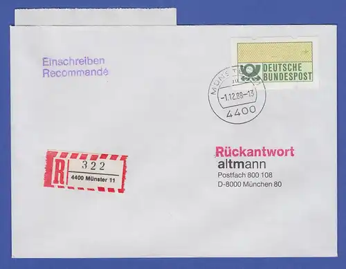 ATM 1.1 Wert 330 mit ET-AQ auf R-Brief vom ERSTTAG des EPOS Münster 1.12.1988