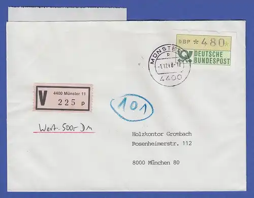 ATM 1.1 Wert 480 mit ET-AQ auf V-Brief vom ERSTTAG des EPOS Münster 1.12.1988