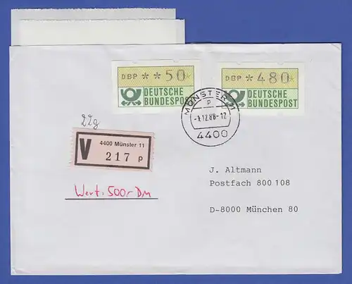 ATM 1.1 Werte 50 und 480 mit ET-AQ auf V-Brief  FDC  EPOS Münster 1.12.1988