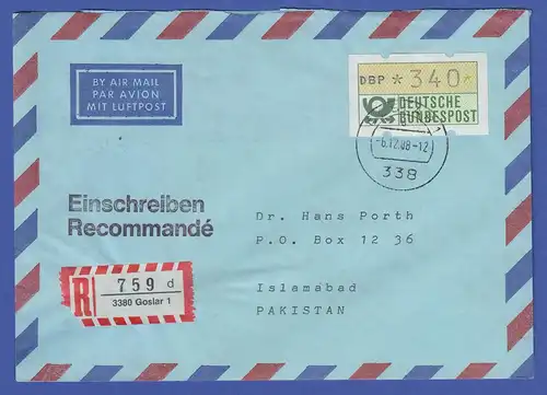 ATM 1.1 Wert 340 aus dem SCHWZD GOSLAR 1 auf R-Brief nach Islamabad 6.12.1988
