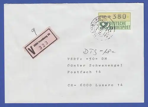 ATM 1.1 Wert 380 aus SCHWZD HAMBURG 1 auf V-Brief in die Schweiz, 24.11.1988