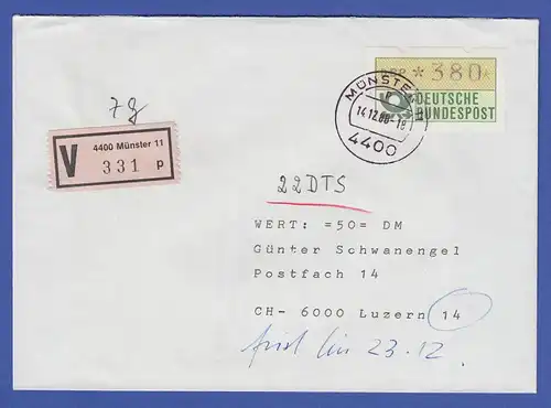 ATM 1.1 Wert 380 aus SCHWZD MÜNSTER 11 auf V-Brief in die Schweiz, 14.12.1988