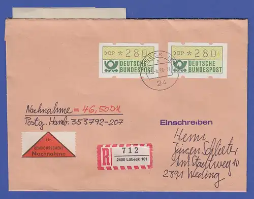 ATM 1.1 2x Wert 280 aus MWZD LÜBECK 101 auf R-NN-Brief  ET neue AQ 25.6.1986