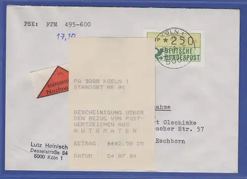 ATM 1.1 Wert 250 mit AQ aus MWZD BONN 2 auf Nachnahme-Brief,  29.6.84